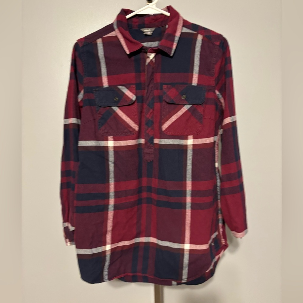 Eddie‎ Bauer Plaid Flannel Shirt Red Half Button Pullover Womens Size Medium
